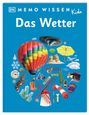 „DK Memo Wissen Kids: Das Wetter“. Bunter Heißluftballon, Tornado, Regenschirm, diverse Wetterobjekte auf blauem Hintergrund.