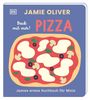 „Jamie Oliver, Back mit mir! PIZZA, Jamies erstes Kochbuch für Minis“. Illustration einer Pizza auf blauem Hintergrund.