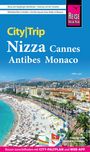Reiseführer-Cover mit Texten zu Nizza, Cannes, Antibes und Monaco. Strandbild mit türkisfarbenem Meer und Promenade.