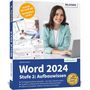 "Word 2024 Stufe 2: Aufbauwissen" Buchcover, Frau mit Laptop, Text: "Auch für Microsoft 365 verständlich erklärt".