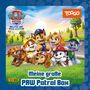 "Meine große PAW Patrol Box" steht im Vordergrund. Darunter fröhliche Hunde in bunter Kleidung auf einer Wiese.