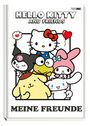„HELLO KITTY AND FRIENDS“ oben, „MEINE FREUNDE“ unten. Illustration niedlicher Cartoon-Charaktere in einem Rahmen.