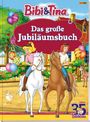 "Das große Jubiläumsbuch." Zwei Mädchen reiten auf Pferden, umgeben von Luftballons und Tieren.