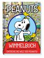 "PEANUTS, Wimmelbuch - Entdecke die Welt der Peanuts!" Illustration von Snoopy mit Woodstock, umgeben von bunten Szenen.