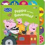 „Peppa auf dem Bauernhof“ und „Peppa Pig“ auf einem grünen Hintergrund. Zeichnung von fröhlichen Tieren auf einem Traktor.