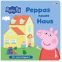 "Peppas neues Haus" in blauer Schrift, gelbes Haus, Peppa Wutz winkt.