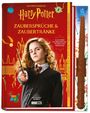 "Zaubersprüche & Zaubertränke" steht auf einem roten Buchcover mit einer Figur, die einen Zauberstab hält.