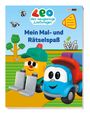 „Leo der neugierige Lastwagen: Mein Mal- und Rätselspaß.“ Zwei freundliche bunte Lastwagen auf einer Wiese.