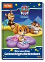 Text: "Paw Patrol - Helfer auf vier Pfoten", "Mein superdickes Gutenachtgeschichtenbuch". Illustration mit fröhlichen Hunden.