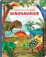 „EINFACH ALLES ÜBER DINOSAURIER“. Illustration von bunten Dinosauriern in einer grünen Landschaft mit Pflanzen.