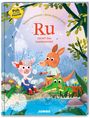 "Ru sucht das Zauberwort" zeigt farbenfrohe Tiere am Ufer eines Sees, darunter ein Känguru, ein Schaf und ein Krokodil.