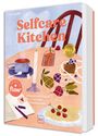 „Selfcare Kitchen“ in großen, orangefarbenen Buchstaben. Illustration: Tisch mit Obst, Tasse, Kerze, Notizbuch.