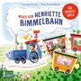 "Neues von Henriette Bimmelbahn." Illustration einer bunten, fröhlichen Zugfahrt mit Tieren und einem Kind.