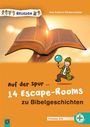"Auf der Spur... 14 Escape-Rooms zu Bibelgeschichten." Ein offenes Buch vor Sonnenuntergang und ein Detektiv-Illustration.