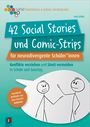 "42 Social Stories und Comic-Strips", zwei Strichmännchen interagieren in einer Sprechblase, bunte Logos oben links.