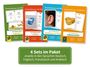 4 Sets im Paket, jeweils in Deutsch, Englisch, Französisch, Arabisch. Cover zeigen Lernkarten für Adjektive, Verben, Kleidung und Lebensmittel.