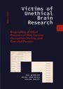 "Victims of Unethical Brain Research" in weißer Schrift auf dunklem Hintergrund, darunter rote und weiße Textpassagen.
