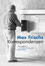 "Max Frischs Korrespondenzen" steht zentral. Ein älterer Mann an Briefkästen. Herausgegeben von Tobias Amslinger.