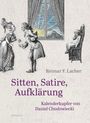 „Sitten, Satire, Aufklärung“ von Reimar F. Lacher. Illustration: Menschen in höfischer Kleidung, Kind auf Stuhl, Fenster mit Sonnenaufgang.