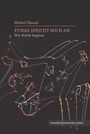 "Michel Chaouli: ETWAS SPRICHT MICH AN - Wie Kritik beginnt" und ein abstraktes, farbiges Linienmuster auf schwarzem Hintergrund.