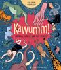 „Kawumm! Urknall, Dinos und der Mensch.“ Bunte Illustrationen von Tieren und Menschen schweben in einem kosmischen Hintergrund.