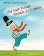 „Ein Hut fliegt durch das Jahr“. Kind mit gestreiftem Hemd und rotem Schal springt in die Luft, hält einen Hut.