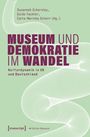 "Museum und Demokratie im Wandel. Kulturdynamik in UK und Deutschland." Grüner Hintergrund, weiße abstrakte Form.