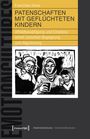 Titel: "Patenschaften mit geflüchteten Kindern". Illustration: Drei Personen, eine liest ein Buch.