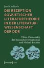 Text: Jan Schaldach, Titel über sowjetische Literaturtheorie in der DDR, Viktor Žirmunskij, russischer Formalismus, Michail Bachtin. Unten zwei stilisierte Blumen.