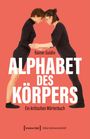 "Rainer Guldin: ALPHABET DES KÖRPERS – Ein kritisches Wörterbuch." Zwei Frauen berühren sich vorsichtig, vor rotem Hintergrund.