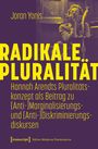 "Joran Yonis. RADIKALE PLURALITÄT. Hannah Arendts Pluralitätskonzept als Beitrag zu (Anti-)Marginalisierungs- und (Anti-)Diskriminierungsdiskursen. [transcript] Edition Moderne Postmoderne." 

Rechts neben dem Text ist eine schwarz-weiße Fotografie einer Person, die raucht, mit einem Mikrofon im Vordergrund.