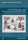 Buchtitel: "Psychotherapie und Verantwortung für die Welt". Abstrakte Kunst mit geometrischen Formen in Grau und Rot.