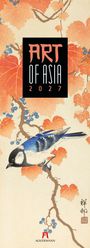 Text: "ART OF ASIA 2027". Illustration eines Vogels auf einem Ast mit orangefarbenen Blättern und blauen Beeren.