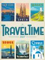 "TRAVELTIME 2027" in großen Buchstaben. Illustrationen von New York, Spanien, Wales, Seoul, Victoria Falls und Zypern.
