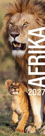 "AFRIKA 2027" steht in großer weißer Schrift. Ein Löwe und ein junges Löwenjunges schauen in die Ferne.