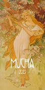 "Mucha 2023" steht auf einer Illustration einer Frau in einem Kleid, umgeben von Blüten und floralen Mustern.