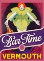 „Bar Time“ und „VERMOUTH“ sind vor einer Figur mit rotem Haar und gelbem Kostüm. Vintage Poster Art.