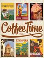 Texte: Coffee Time 2027, Coffee, Greek Goddess, Taj Mahal, Eiskaffee, Ethiopian, Disco. Illustrationen verschiedener Kaffeearten.
