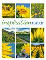 „inspiration natur 2027“. Verschiedene Blumenfotos: Biene, Sonnenblume, Berglandschaft, Wiesen mit Blumen. Logo unten.