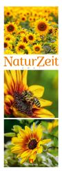 „NaturZeit 2027“. Mehrere Fotografien von leuchtend gelben Sonnenblumen und einer Biene auf einer Blüte.