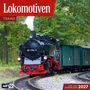 "Lokomotiven", "TRAINS", "inklusive Jahresplaner 2027"; Dampflokomotive auf Gleisen in waldreicher Umgebung.