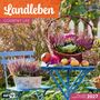 Text: Landleben, Country Life, inklusive Jahresplaner 2027. Ein blauer Tisch mit Blumen, Kürbissen und Äpfeln im Garten.