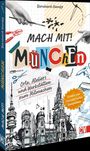 "Buchcover-Illustration: 'MACH MIT! MÜNCHEN' - Kreative Symbole wie Pinsel, Schere und Gebäude der Stadt München."