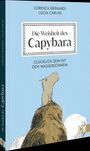 „Die Weisheit des Capybara“, „Glücklich sein mit dem Wasserschwein“, Illustration eines Capybaras auf blauem Hintergrund.