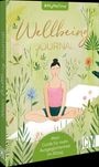 „Wellbeing JOURNAL“ und „Mein Guide für mehr Ausgeglichenheit im Alltag“. Illustration: Frau im Lotussitz, umgeben von Pflanzen.