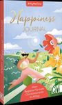 Text: "#MyMeTime Happiness Journal. Mein Begleiter für mehr Glücksmomente im Alltag." Illustration einer Frau im Blumenfeld.