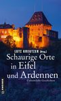 Buchtitel: "Schaurige Orte in Eifel und Ardennen". Hintergrund zeigt beleuchtete Burg bei Nacht. Links schwarzer Balken mit "GMEINER".