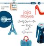 „Jojo Moyes: Zwölf Geschichten vom Hoffen und Wünschen“. Illustrationen: Parfümflakon, roter Schuh, Eiffelturm, Mantel.