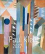 "Paul Klee 2027" in Weiß auf abstraktem, geometrischem Gemälde mit bunten Formen und Linien.