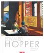 Text: "Edward Hopper 2027". Eine Illustration zeigt ein Café mit Menschen an Tischen, bunte Beleuchtung im Fenster.